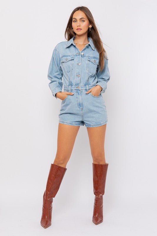 Light Denim Long Sleeve Romper - STYLED BY ALX COUTUREJumpsuits & Rompers