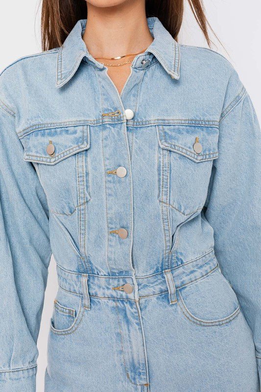 Light Denim Long Sleeve Romper - STYLED BY ALX COUTUREJumpsuits & Rompers