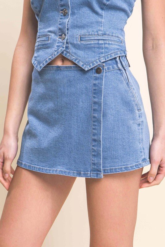 Light Denim Snap - On Button Skorts - STYLED BY ALX COUTURESKORTS