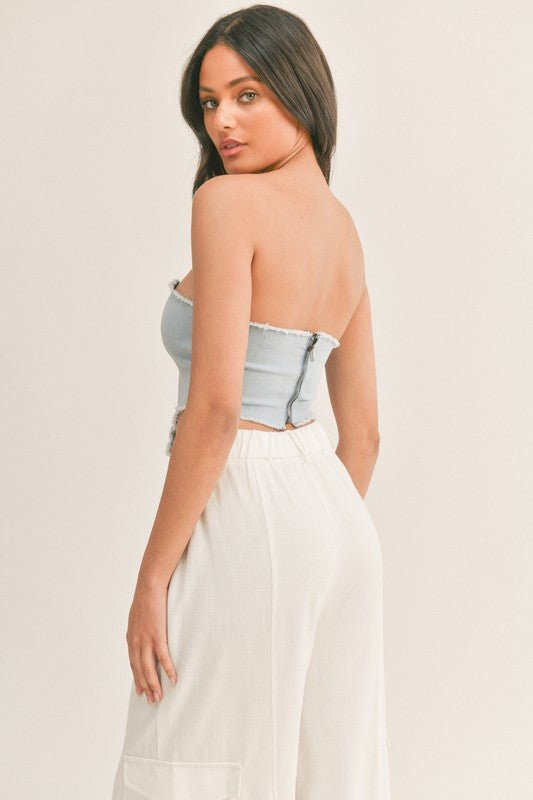 Light Denim Strapless Crop Top - STYLED BY ALX COUTUREShirts & Tops