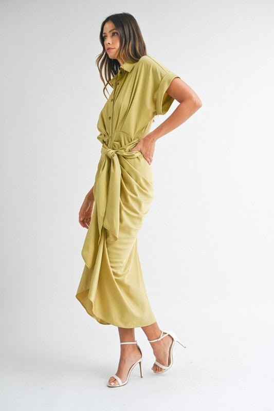 Light Kiwi Satin Button Down Front Tie Midi Dress - STYLED BY ALX COUTUREDRESS