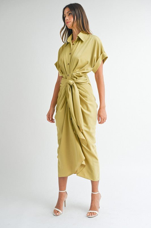 Light Kiwi Satin Button Down Front Tie Midi Dress - STYLED BY ALX COUTUREDRESS