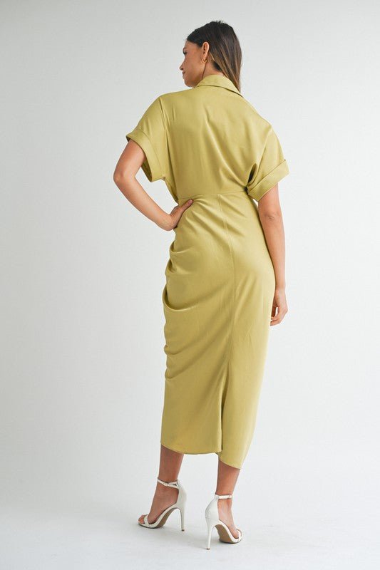 Light Kiwi Satin Button Down Front Tie Midi Dress - STYLED BY ALX COUTUREDRESS