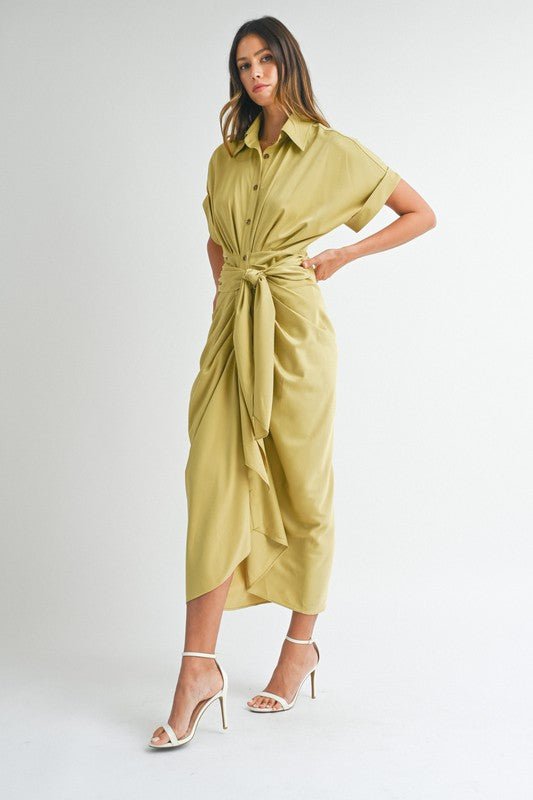 Light Kiwi Satin Button Down Front Tie Midi Dress - STYLED BY ALX COUTUREDRESS