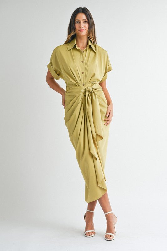 Light Kiwi Satin Button Down Front Tie Midi Dress - STYLED BY ALX COUTUREDRESS