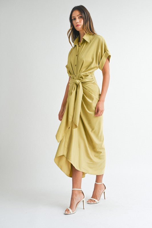 Light Kiwi Satin Button Down Front Tie Midi Dress - STYLED BY ALX COUTUREDRESS