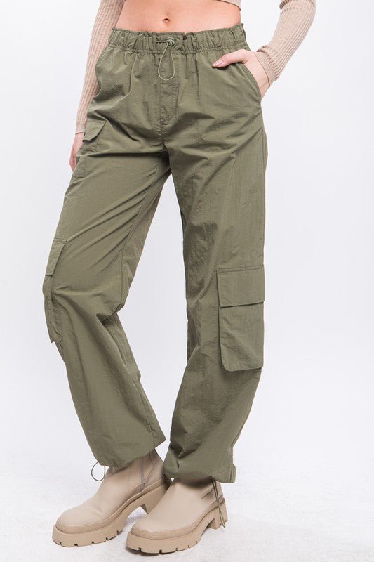 Light Olive Cargo Parachute Pants With Toggle Detail - STYLED BY ALX COUTUREPANTS