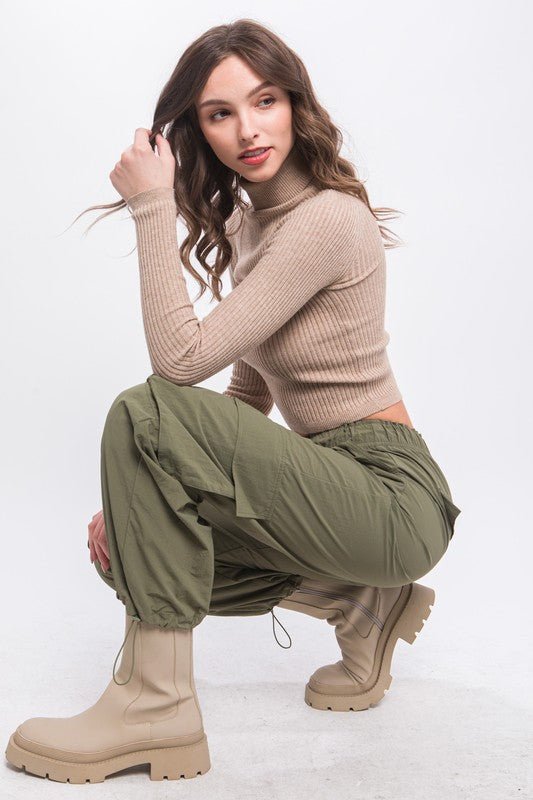 Light Olive Cargo Parachute Pants With Toggle Detail - STYLED BY ALX COUTUREPANTS