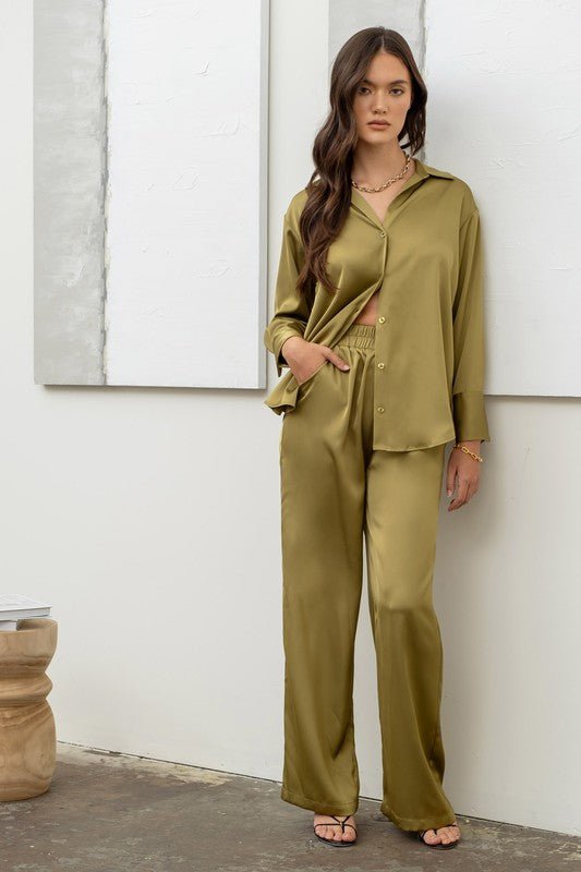 Light Olive Satin Bell Bottom Pants - STYLED BY ALX COUTUREPan