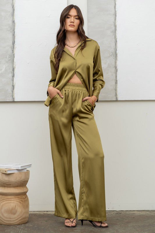 Light Olive Satin Bell Bottom Pants - STYLED BY ALX COUTUREPan