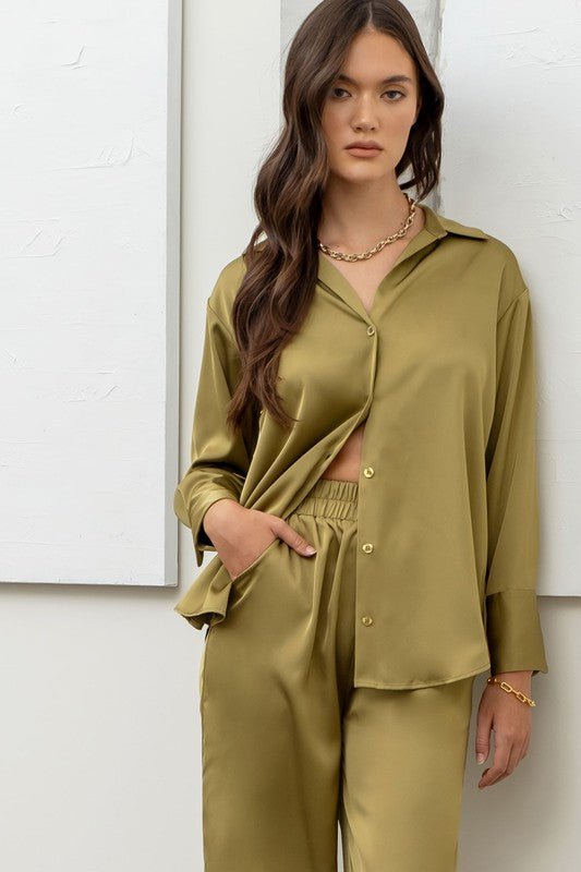 Light Olive Satin Button Up Top - STYLED BY ALX COUTUREShirts & Tops