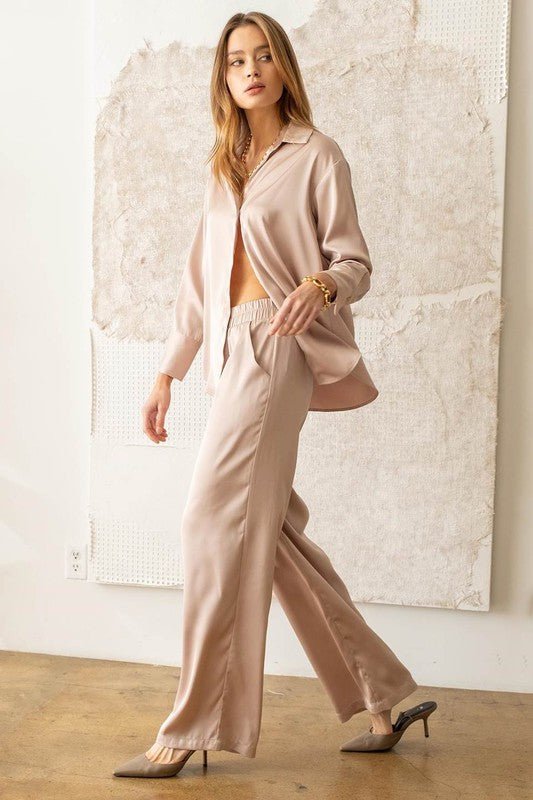 Light Taupe Satin Bell Bottom Pants - STYLED BY ALX COUTUREPan