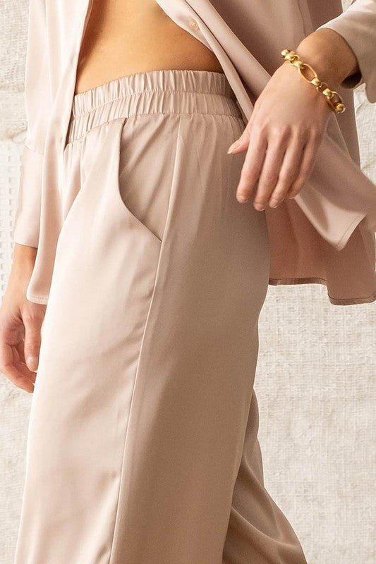 Light Taupe Satin Bell Bottom Pants - STYLED BY ALX COUTUREPan