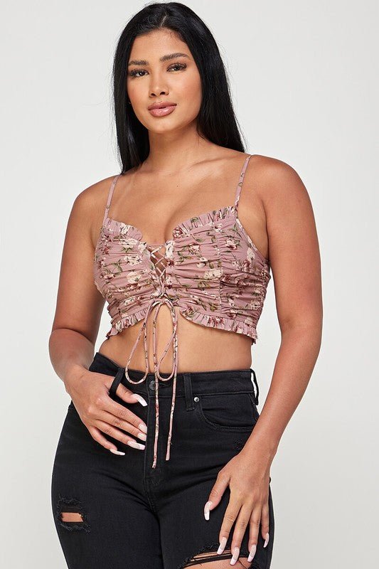 Mauve Floral Print Lace Up Bustier Cami Top - STYLED BY ALX COUTURETOP