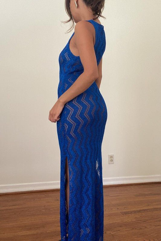 Metallic Blue Knit Crochet Maxi Dress – STYLED BY ALX COUTURE