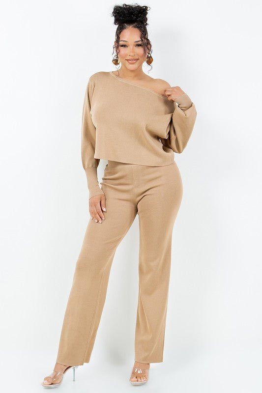 Milk Coffee Long Sleeve One Shoulder Top Pants Set - STYLED BY ALX COUTUREOutfit Sets