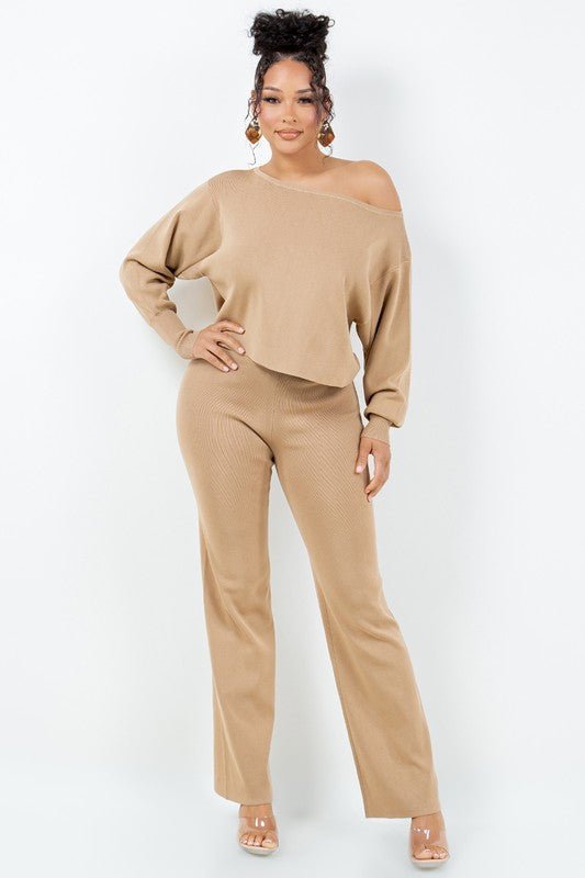 Milk Coffee Long Sleeve One Shoulder Top Pants Set - STYLED BY ALX COUTUREOutfit Sets