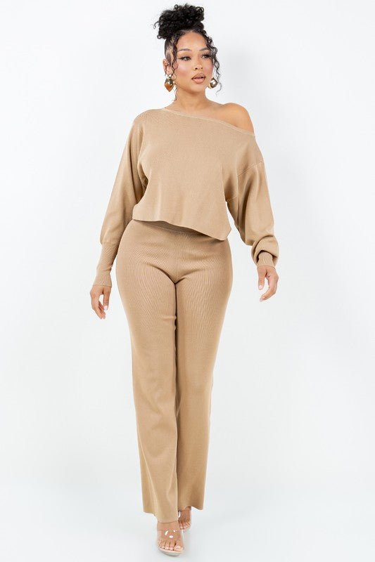 Milk Coffee Long Sleeve One Shoulder Top Pants Set - STYLED BY ALX COUTUREOutfit Sets