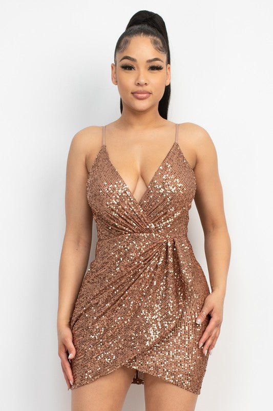 Mocha Sequin - Studded Wrap Surplice Dress - STYLED BY ALX COUTUREDresses