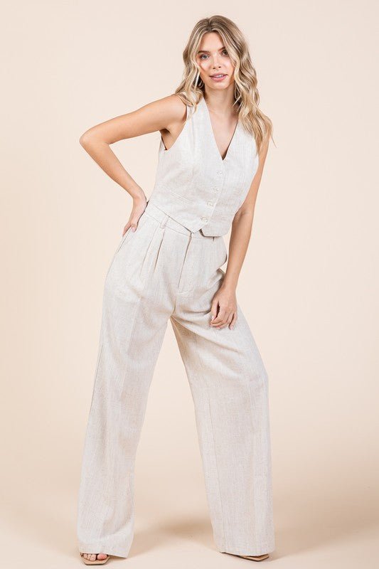 Natural Linen Vest and Wide Leg Pants Two Piece Set - STYLED BY ALX COUTUREOutfit Sets