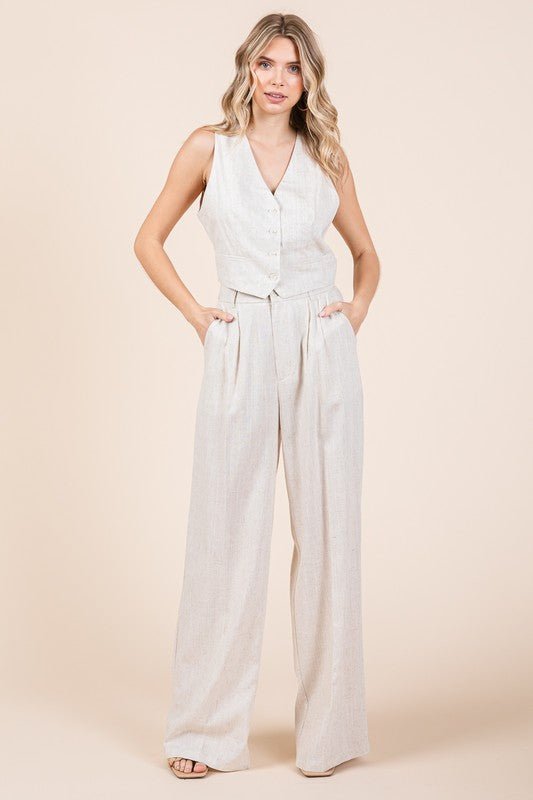 Natural Linen Vest and Wide Leg Pants Two Piece Set - STYLED BY ALX COUTUREOutfit Sets