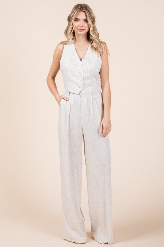 Natural Linen Vest and Wide Leg Pants Two Piece Set - STYLED BY ALX COUTUREOutfit Sets