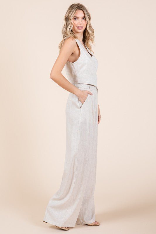 Natural Linen Vest and Wide Leg Pants Two Piece Set - STYLED BY ALX COUTUREOutfit Sets