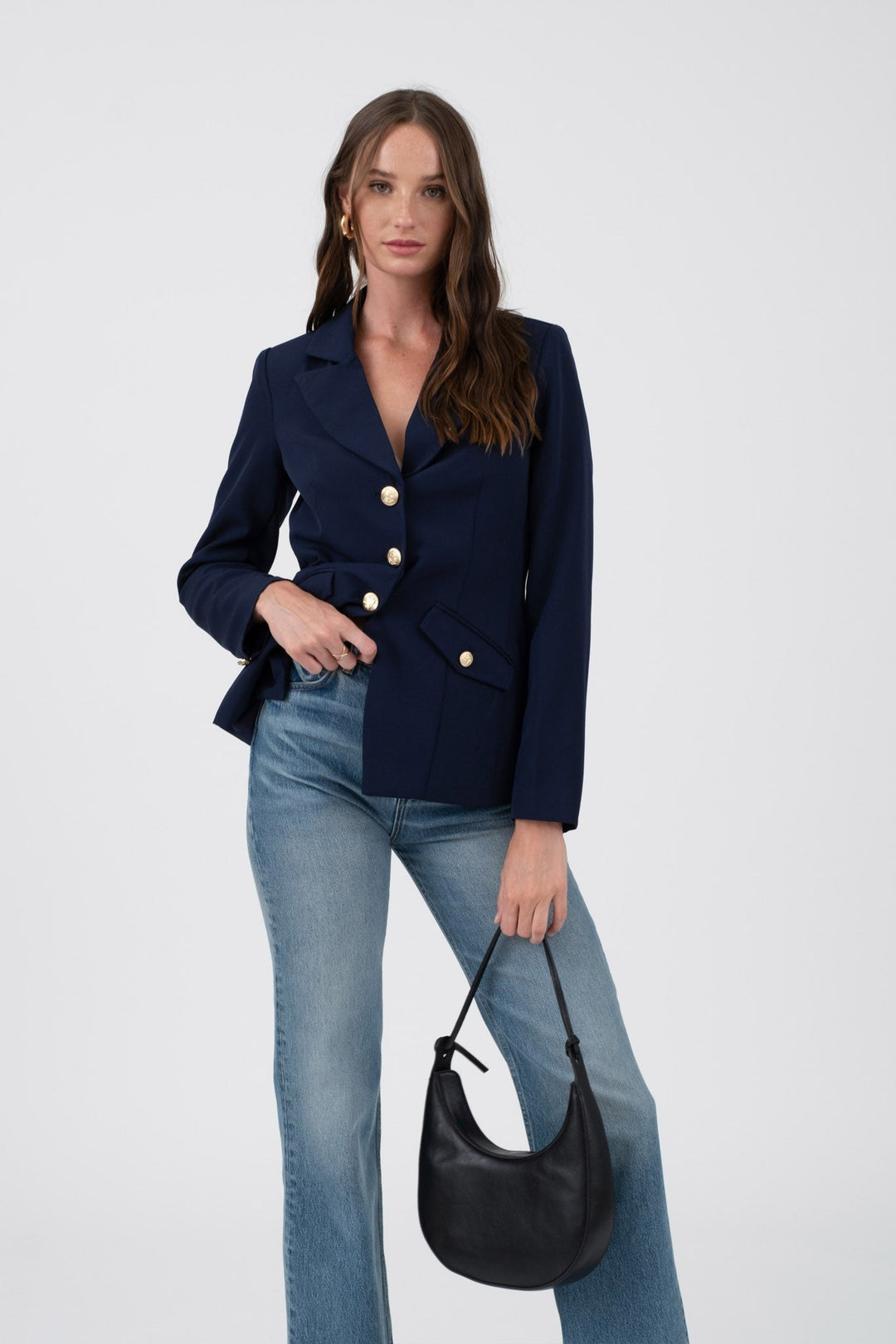 Navy Gold Hardware Button Cuff Blazer - STYLED BY ALX COUTUREBlazer