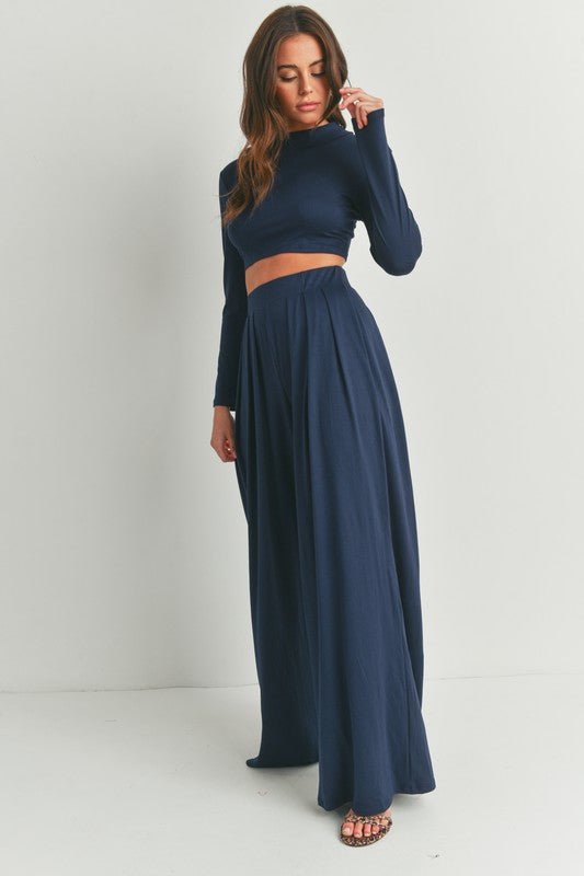 Navy Mock Neck Long Sleeve and Wide Leg Pants Set - STYLED BY ALX COUTUREOutfit Sets