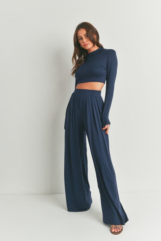 Navy Mock Neck Long Sleeve and Wide Leg Pants Set - STYLED BY ALX COUTUREOutfit Sets