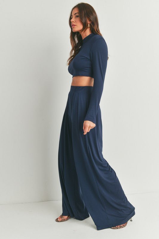 Navy Mock Neck Long Sleeve and Wide Leg Pants Set - STYLED BY ALX COUTUREOutfit Sets
