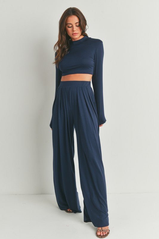 Navy Mock Neck Long Sleeve and Wide Leg Pants Set - STYLED BY ALX COUTUREOutfit Sets