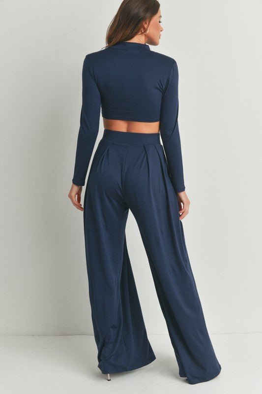 Navy Mock Neck Long Sleeve and Wide Leg Pants Set - STYLED BY ALX COUTUREOutfit Sets