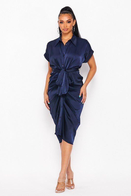 Navy Satin Waist Tie Midi Dress - STYLED BY ALX COUTUREDRESS