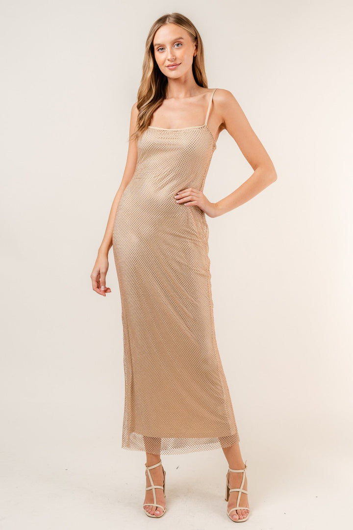 Nude Rhinestone Mesh Adjustable Maxi Dress - STYLED BY ALX COUTUREDresses