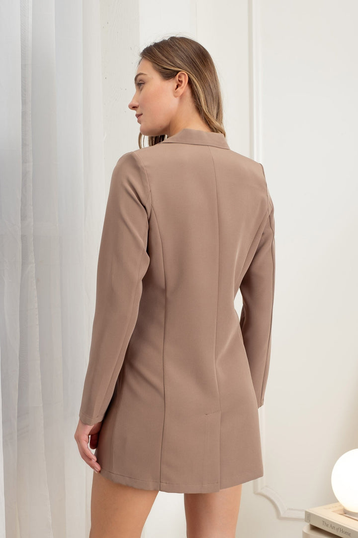 Oatmeal Collared Button Front Long Sleeve Tunic Blazer - STYLED BY ALX COUTUREBlazer