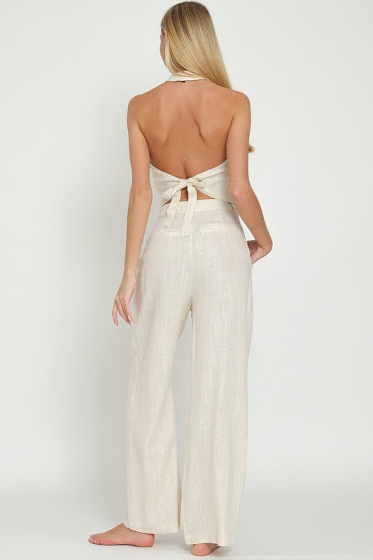 Oatmeal Halter Vest Top and High Waisted Long Pants Set - STYLED BY ALX COUTUREOutfit Sets