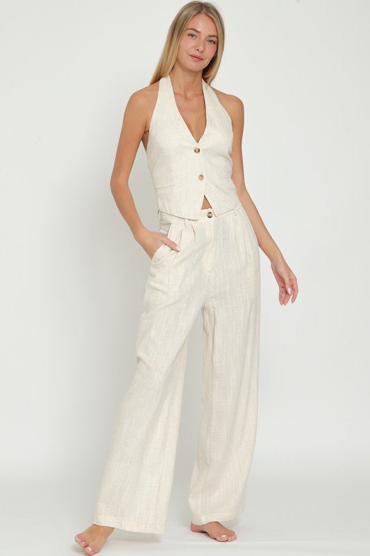 Oatmeal Halter Vest Top and High Waisted Long Pants Set - STYLED BY ALX COUTUREOutfit Sets