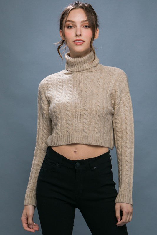 Oatmeal High Neck Cable Knit Cropped Sweater Top - STYLED BY ALX COUTURESWEATERS