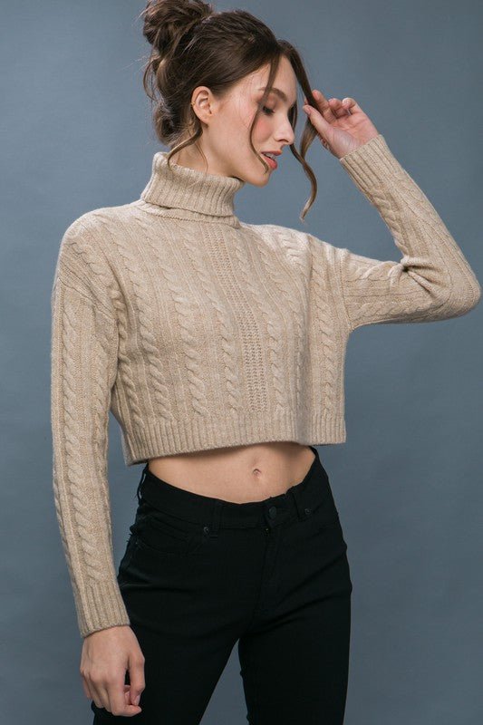 Oatmeal High Neck Cable Knit Cropped Sweater Top - STYLED BY ALX COUTURESWEATERS