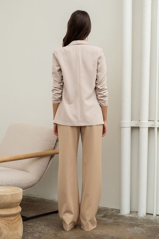 Oatmeal Ruched Sleeve Blazer - STYLED BY ALX COUTUREBlazer