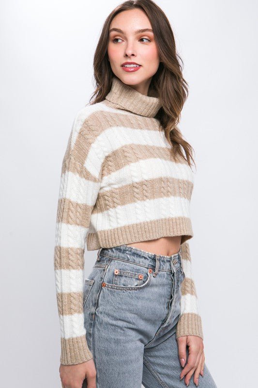 Oatmeal Turtleneck Striped Knit Cropped Sweater - STYLED BY ALX COUTURESWEATERS