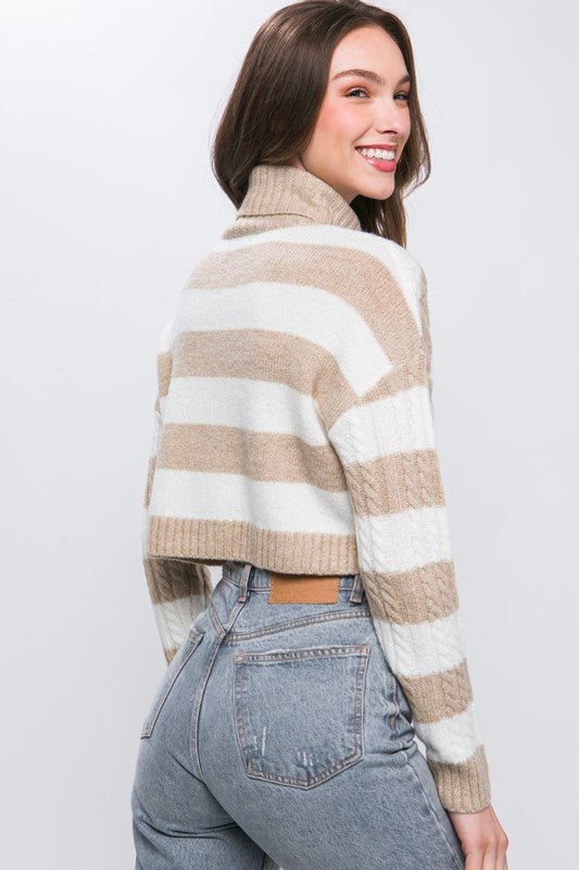 Oatmeal Turtleneck Striped Knit Cropped Sweater - STYLED BY ALX COUTURESWEATERS