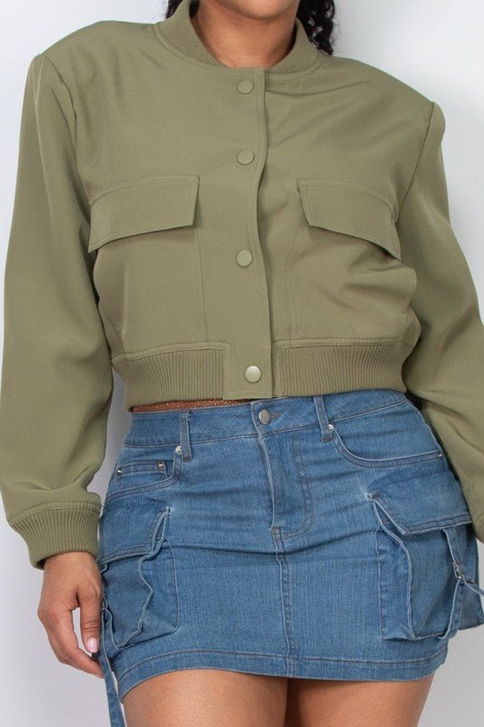 Olive Button - down Pocketed Solid Crop Jacket - STYLED BY ALX COUTURECoats & Jackets