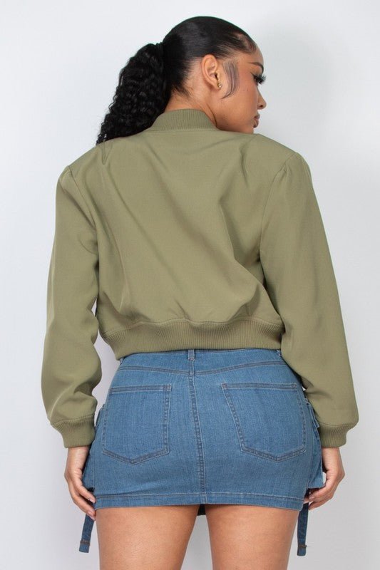 Olive Button - down Pocketed Solid Crop Jacket - STYLED BY ALX COUTURECoats & Jackets