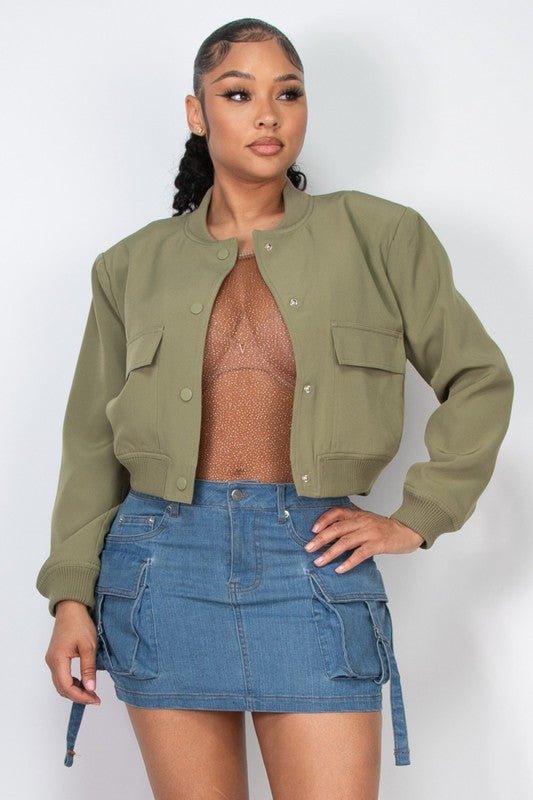 Olive Button - down Pocketed Solid Crop Jacket - STYLED BY ALX COUTURECoats & Jackets