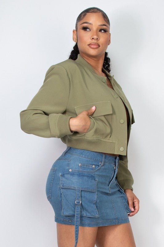 Olive Button - down Pocketed Solid Crop Jacket - STYLED BY ALX COUTURECoats & Jackets