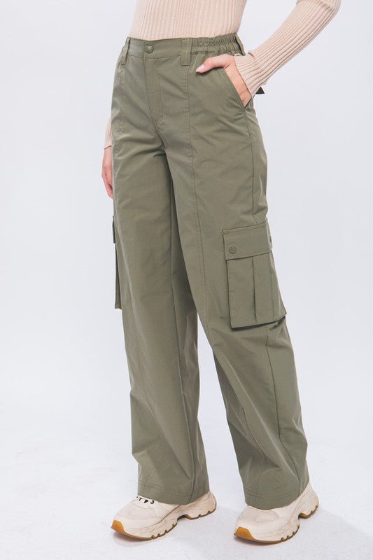 Olive Cargo Pants with Elastic Waist and Side Pockets - STYLED BY ALX COUTUREPANTS