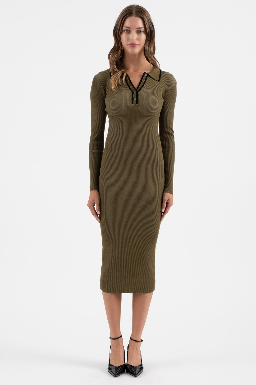 Olive Contrast Trim Collared Button Front Midi Dress - STYLED BY ALX COUTUREDresses