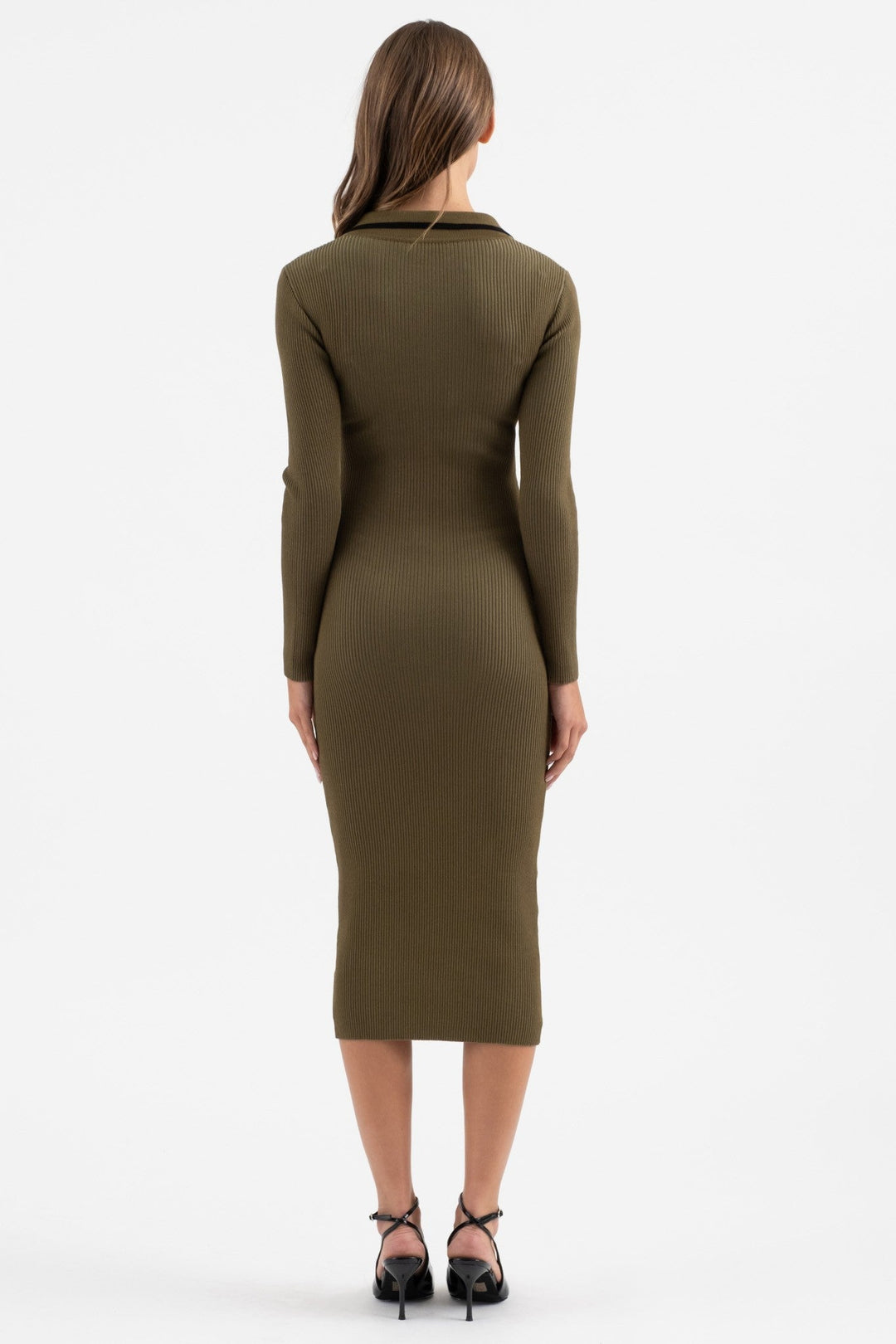 Olive Contrast Trim Collared Button Front Midi Dress - STYLED BY ALX COUTUREDresses